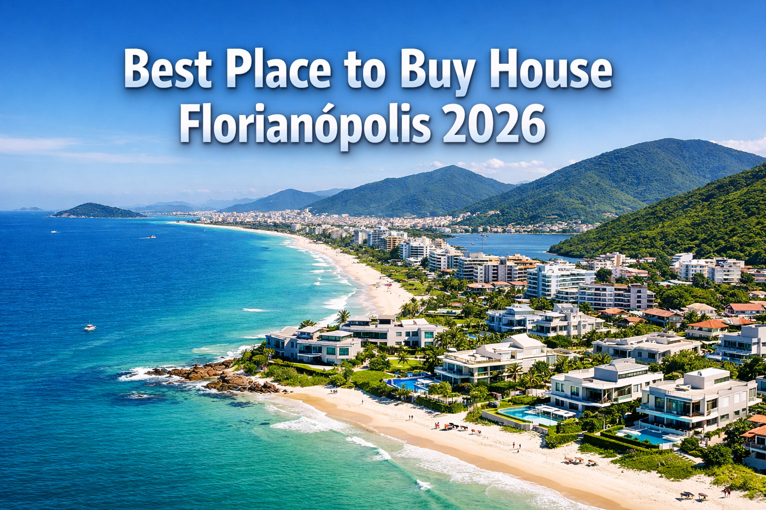 Professional landscape hero image (1536x1024) featuring bold text overlay 'Best Place to Buy House Florianópolis 2026' in extra large 72pt w