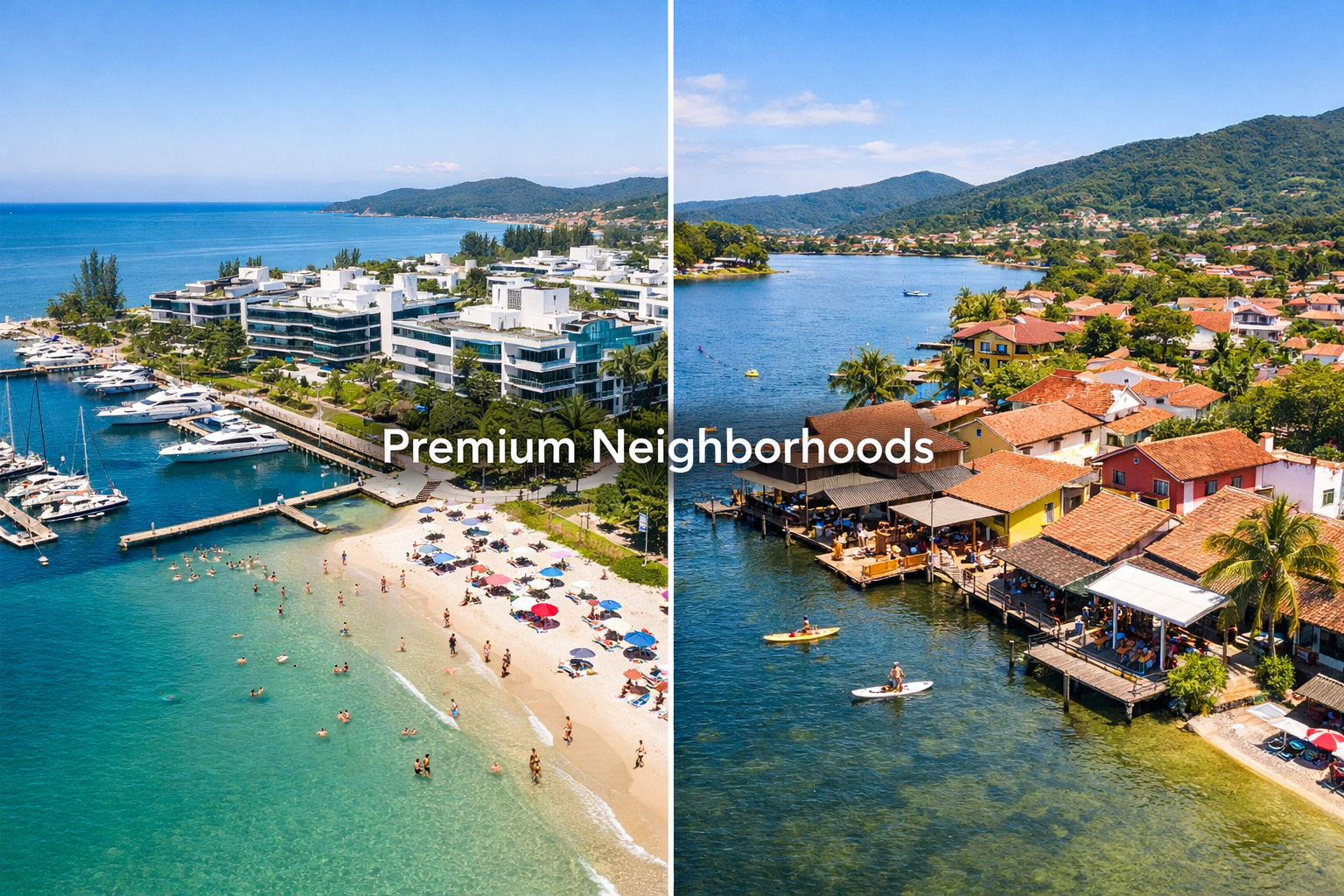 Detailed landscape editorial image (1536x1024) showing split-screen comparison of Florianópolis neighborhoods: left side displays upscale Ju