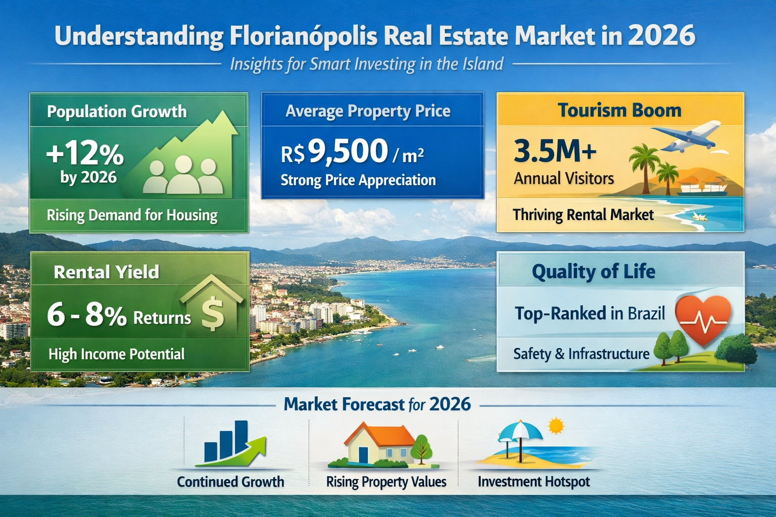 Professional landscape infographic (1536x1024) for article "Best Place to Buy House Florianópolis: Your Complete 2026 Investment Guide 🏡", 