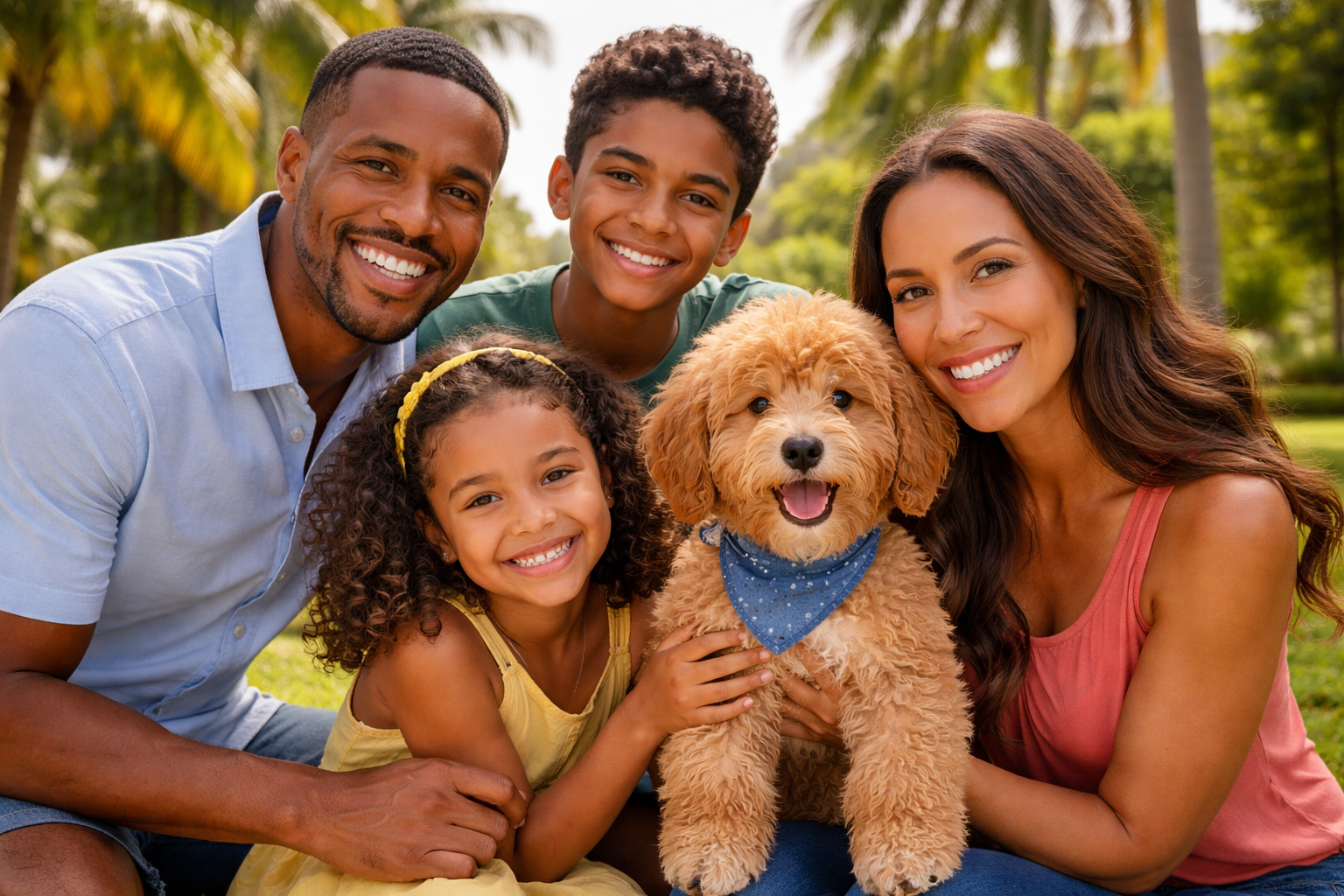 Landscape format (1536x1024) image showing happy Tampa family with their mini goldendoodle puppy in beautiful Florida outdoor setting. Diver