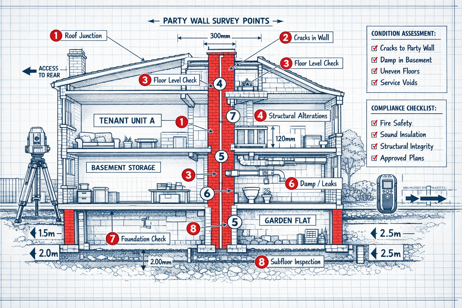 () detailed cross-section architectural illustration of a multi-unit buy-to-let property showing party wall survey