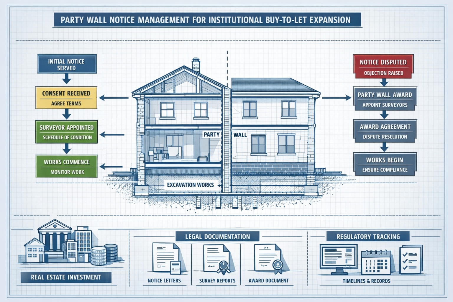 Professional architectural schematic illustrating party wall notice management protocols for institutional buy-to-let