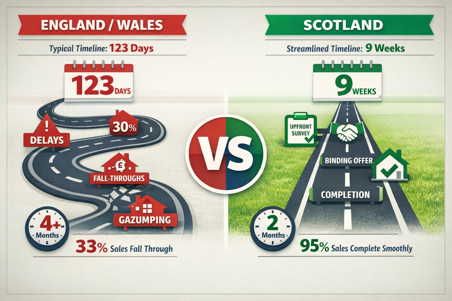 () editorial image showing side-by-side comparison infographic of property transaction timelines. Left panel displays