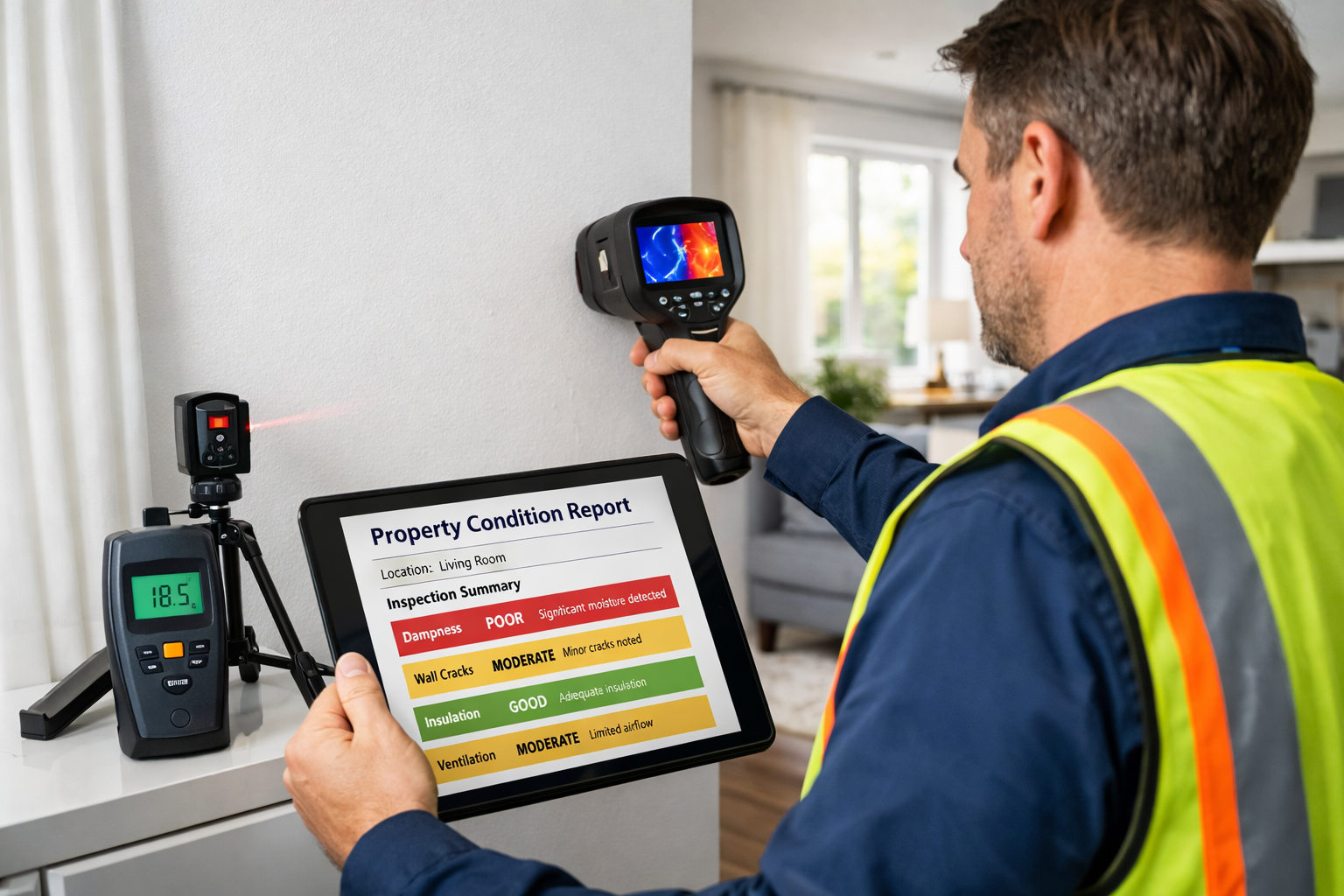 () professional photograph of modern surveyor conducting detailed property inspection in contemporary English home. Surveyor