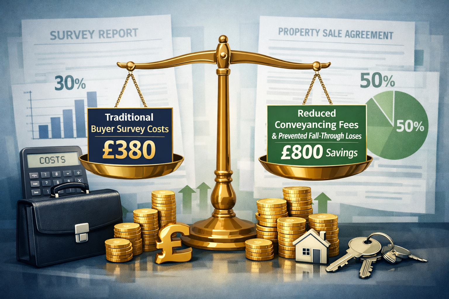 () conceptual business illustration showing financial impact of upfront survey adoption. Central focus on balanced scales
