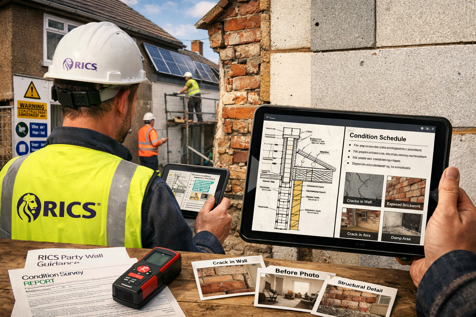 Detailed landscape format (1536x1024) image showing RICS professional surveyor in high-visibility vest conducting party wall inspection betw