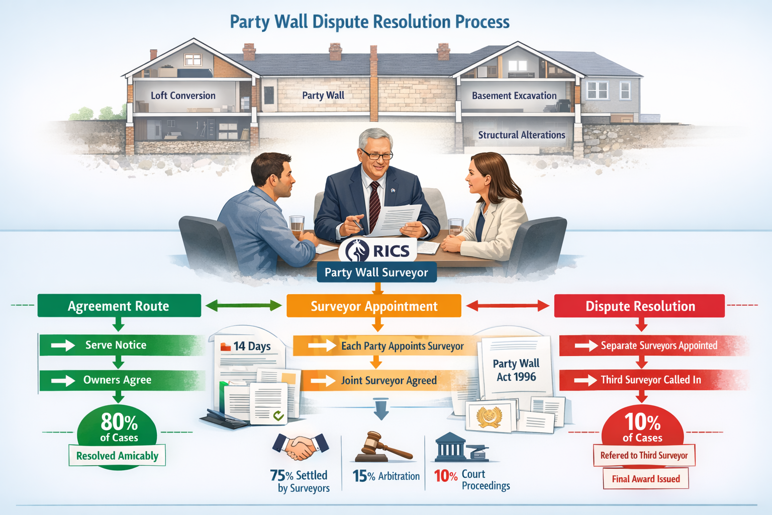 Detailed landscape format (1536x1024) infographic-style image illustrating party wall dispute resolution process flowchart with three distin