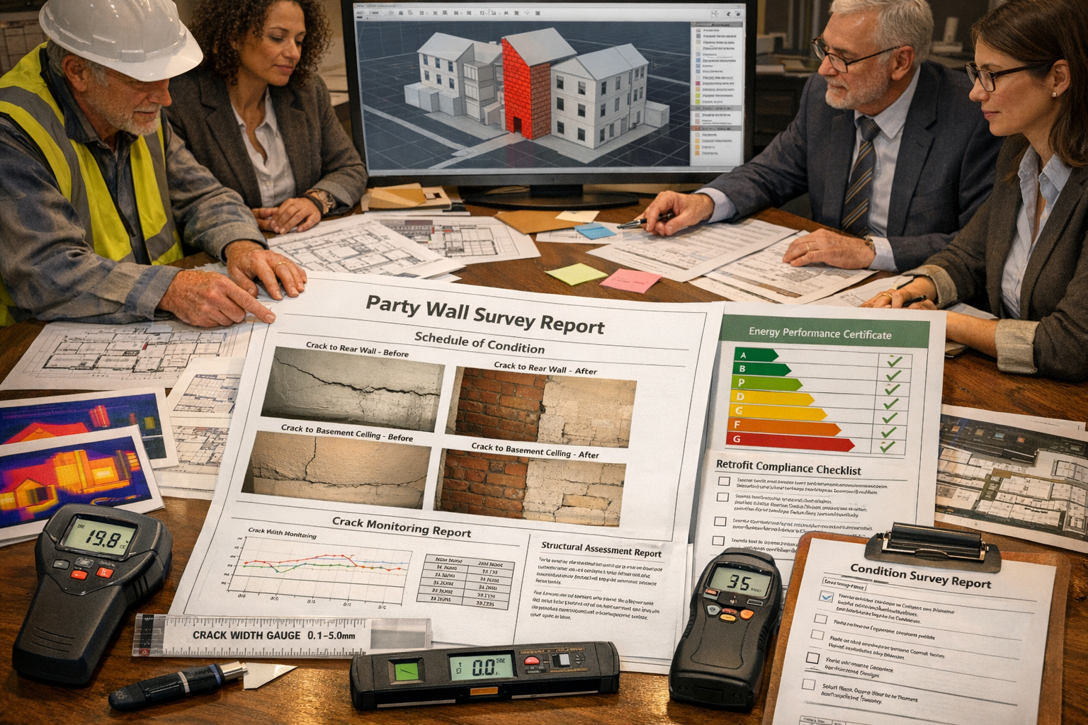 Detailed landscape format (1536x1024) image depicting comprehensive retrofit project planning scene with multiple stakeholders around large