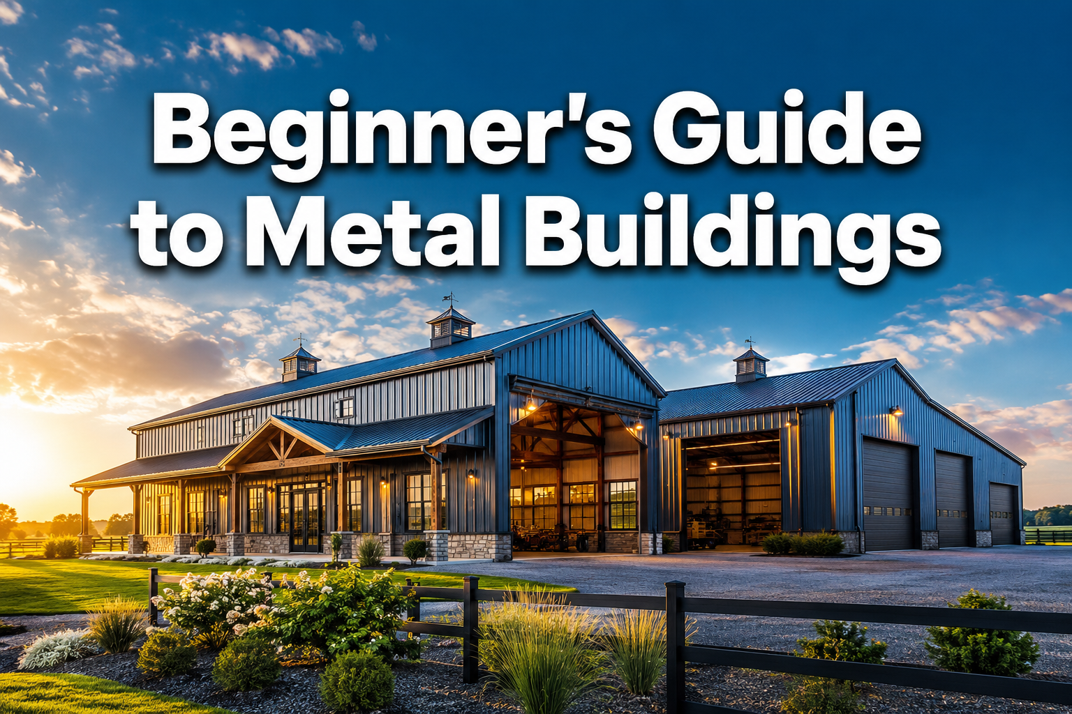 Professional () hero image with : 'Beginner's Guide to Metal Buildings' in extra large white with dark drop , centered in
