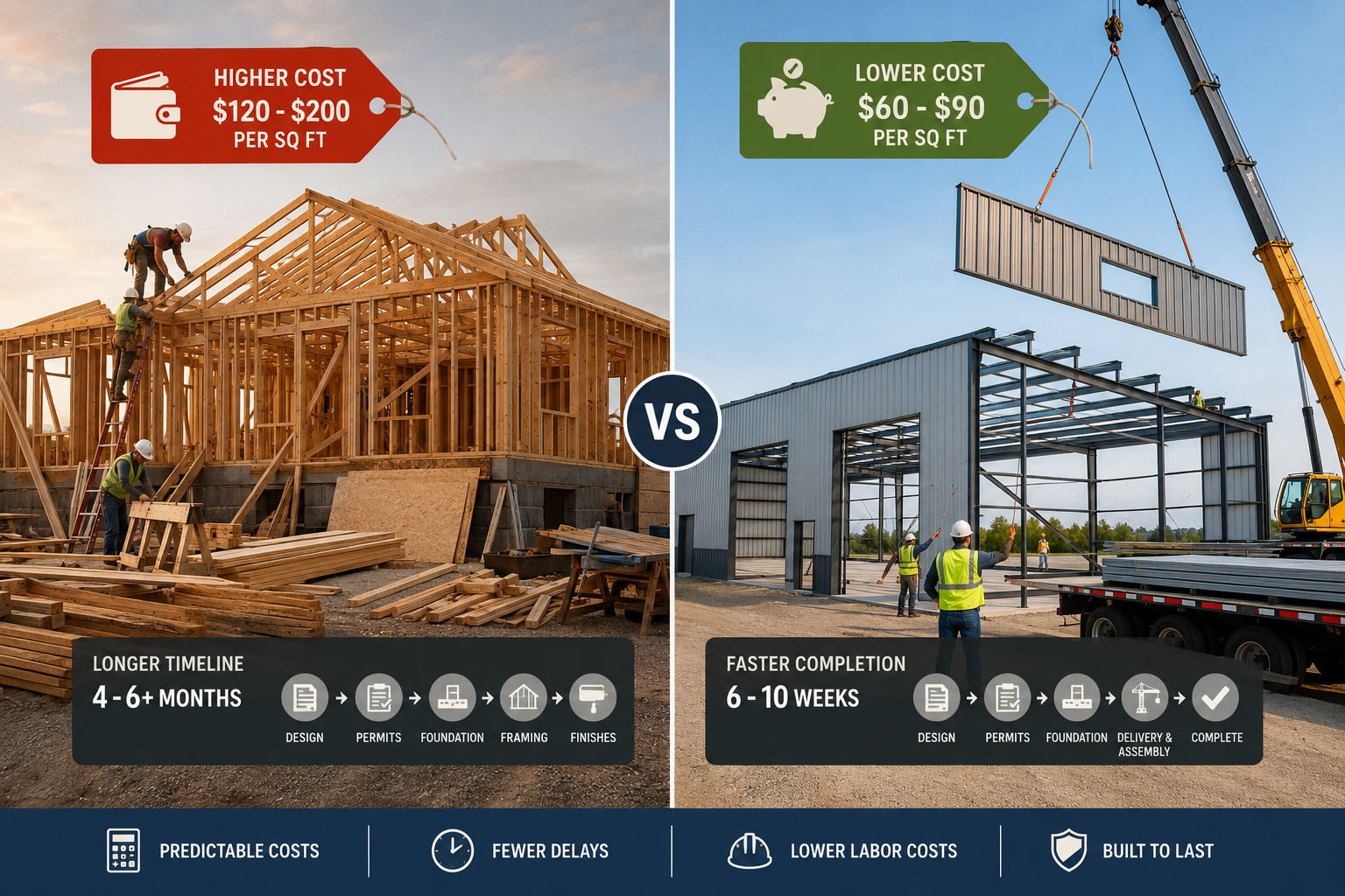 Detailed () showing a side-by-side cost comparison scene: on the left, a traditional wood-frame construction site with