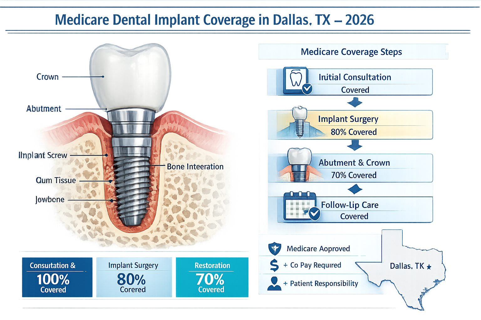 Medicare dental implant coverage visualization for Dallas TX in 2026. Technical medical illustration showing cross-section