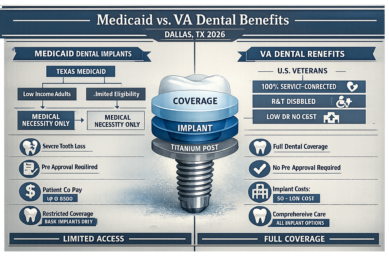 Medicaid and VA dental benefits landscape for Dallas, Texas in 2026. Composition featuring split-screen comparison of