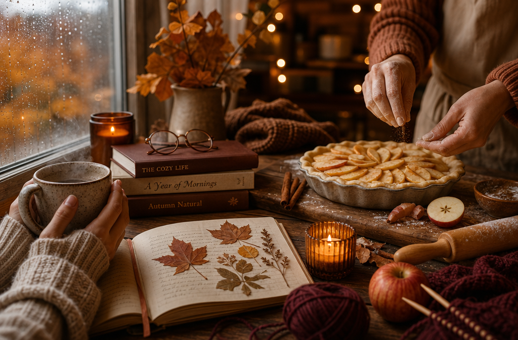 () editorial image depicting cozy indoor fall activities: hands holding steaming mug near window with rain, person baking