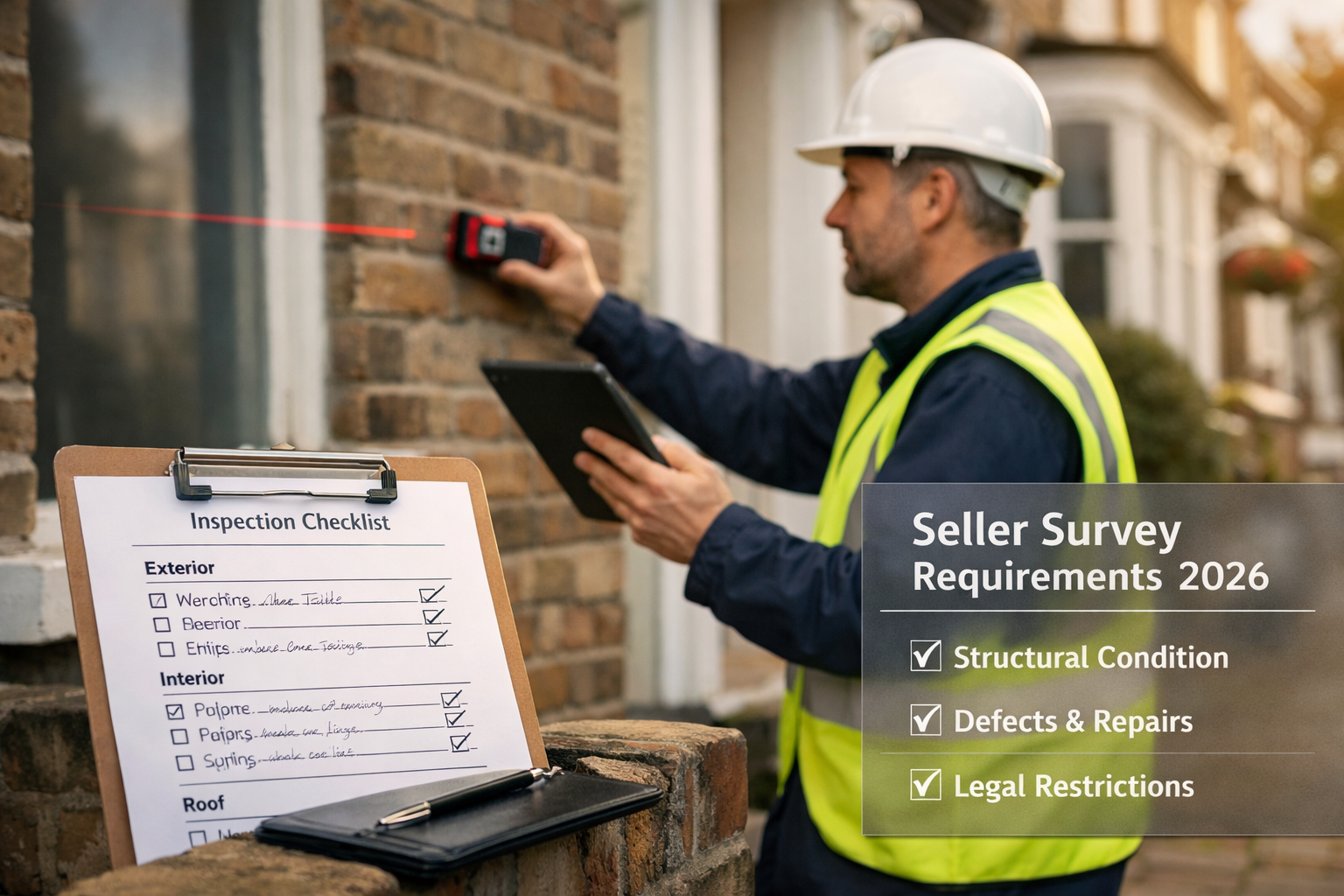 () editorial image showing professional building surveyor in high-visibility vest conducting pre-listing property inspection