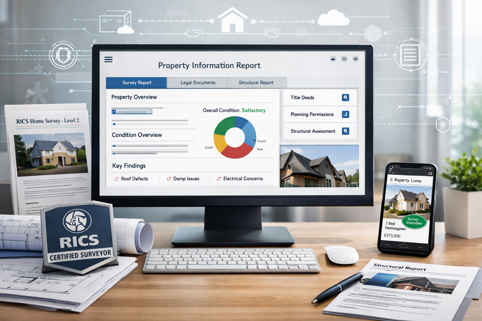 () image showing modern digital property transaction ecosystem. Central focus on desktop computer screen displaying