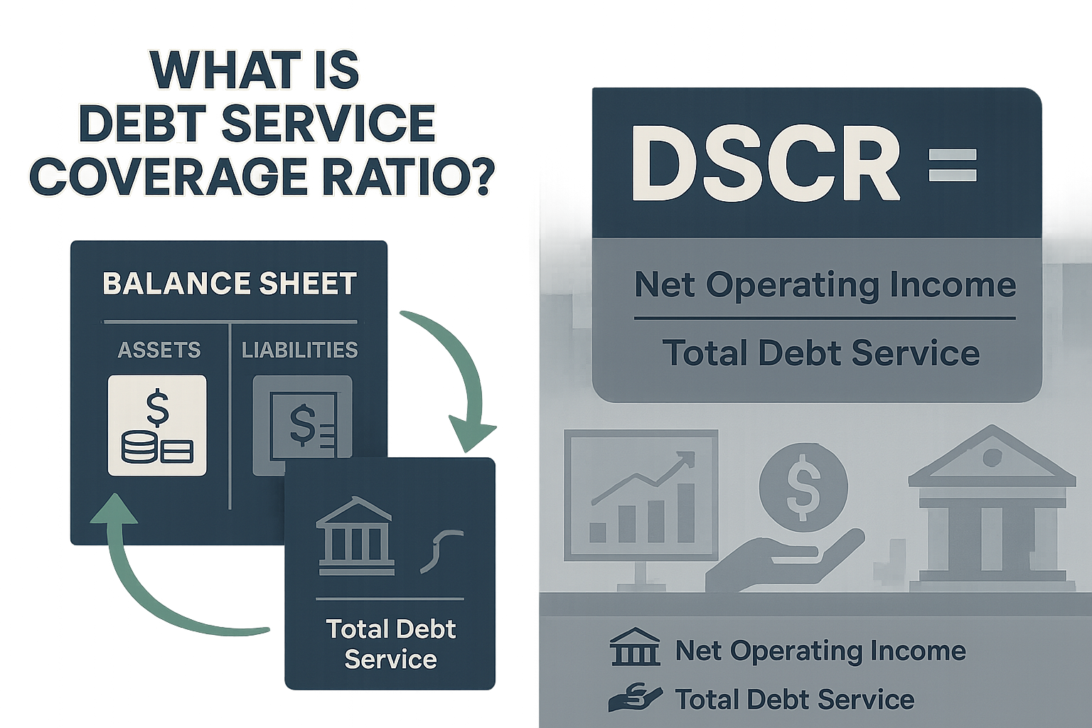 A split-screen financial visualization depicting 'What Is Debt Service Coverage Ratio?' with left side showing a balance sheet with cash flo