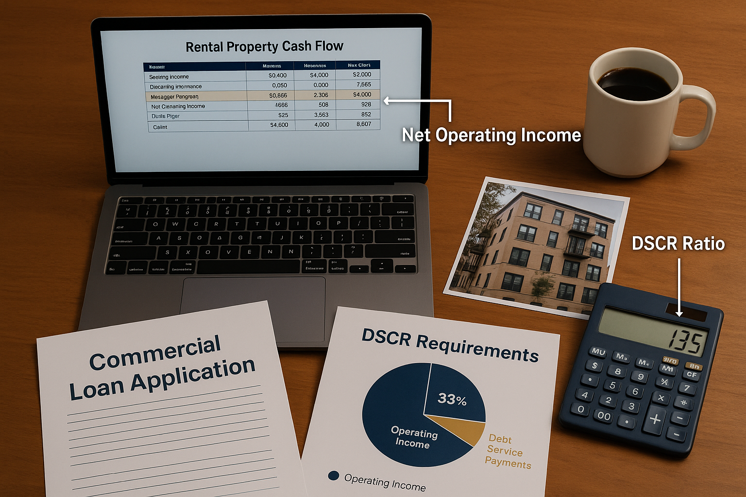Detailed financial workspace scene (1536x1024) showing real-world DSCR application with laptop displaying rental property cash flow spreadsh