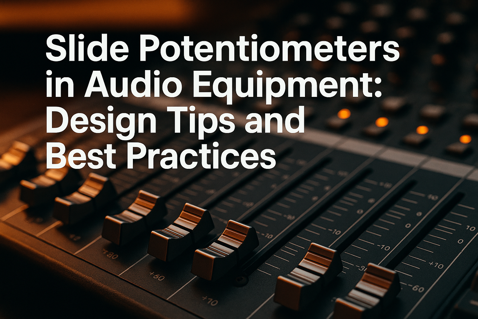 Professional landscape hero image (1536x1024) featuring bold text overlay 'Slide Potentiometers in Audio Equipment: Design Tips and Best Pra