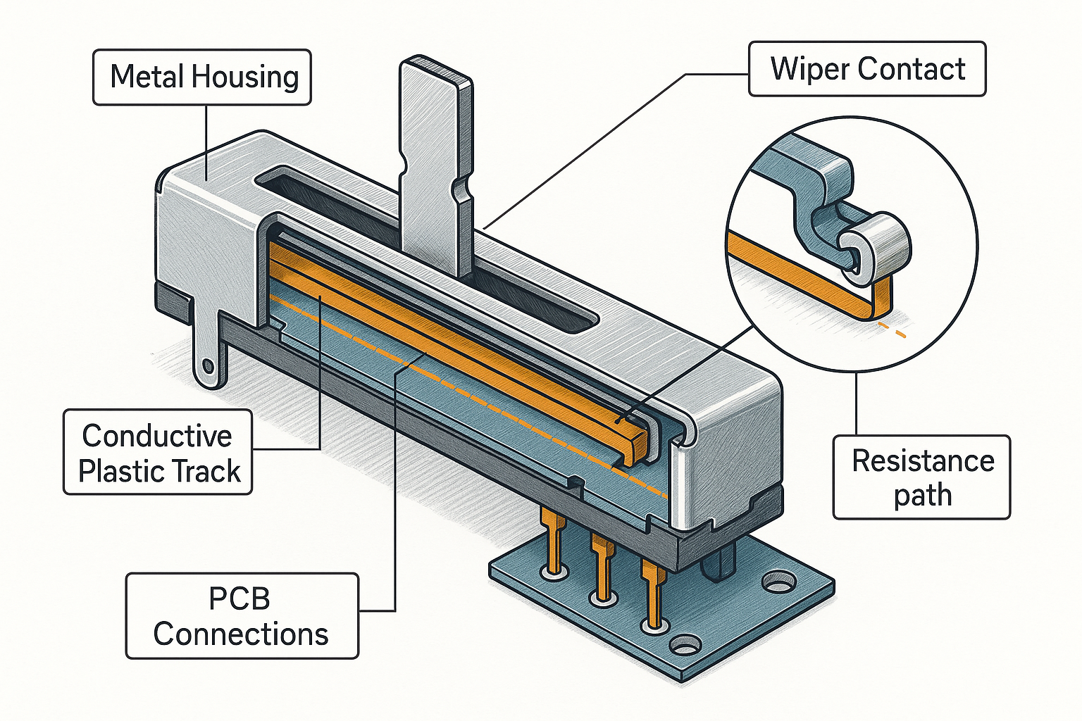 Detailed technical illustration showing cutaway view of slide potentiometer internal components including conductive plastic track, wiper co