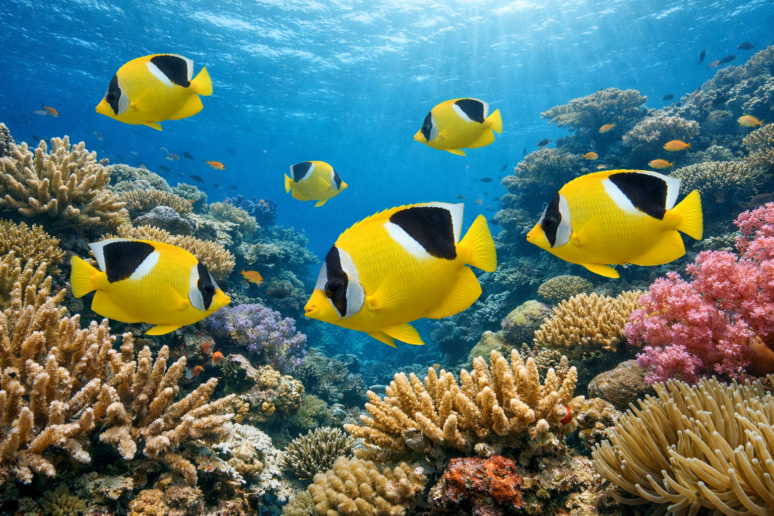 Detailed landscape format (1536x1024) underwater photograph showing flagfin angelfish natural habitat with pristine coral reef environment, 