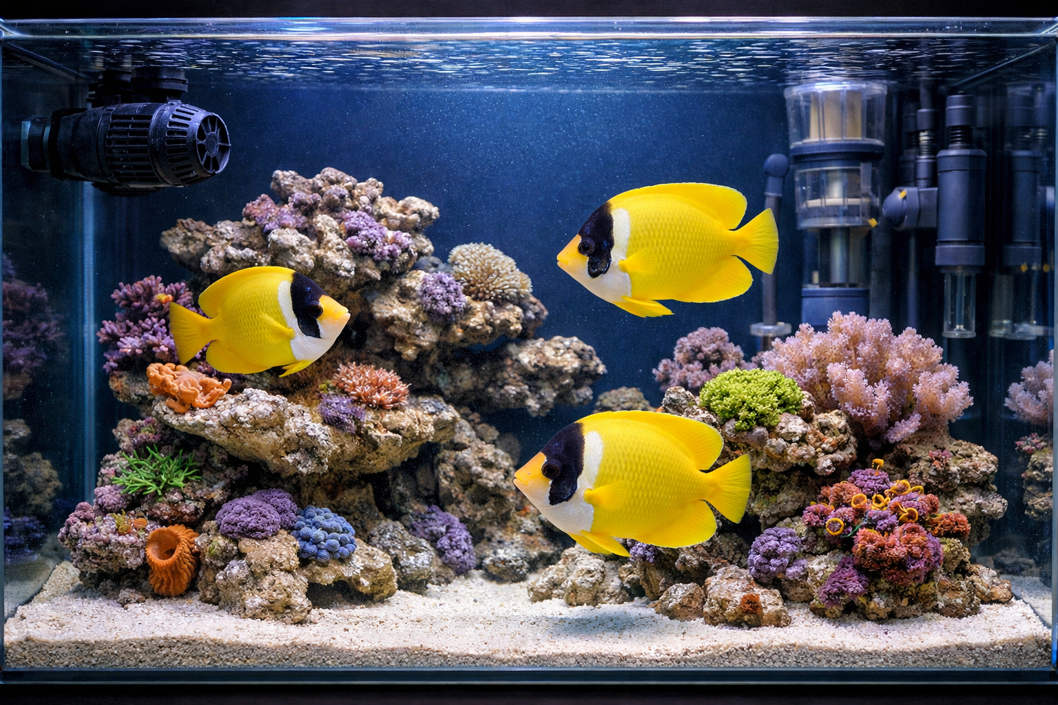 Professional landscape format (1536x1024) aquarium setup photograph showing well-maintained marine tank specifically designed for flagfin an