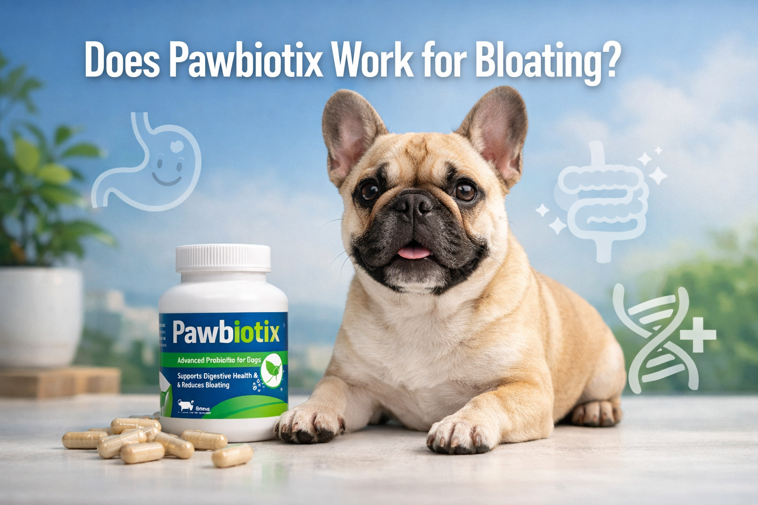 Professional landscape format (1536x1024) hero image featuring bold text overlay 'Does Pawbiotix Work for Bloating?' in extra large 72pt whi