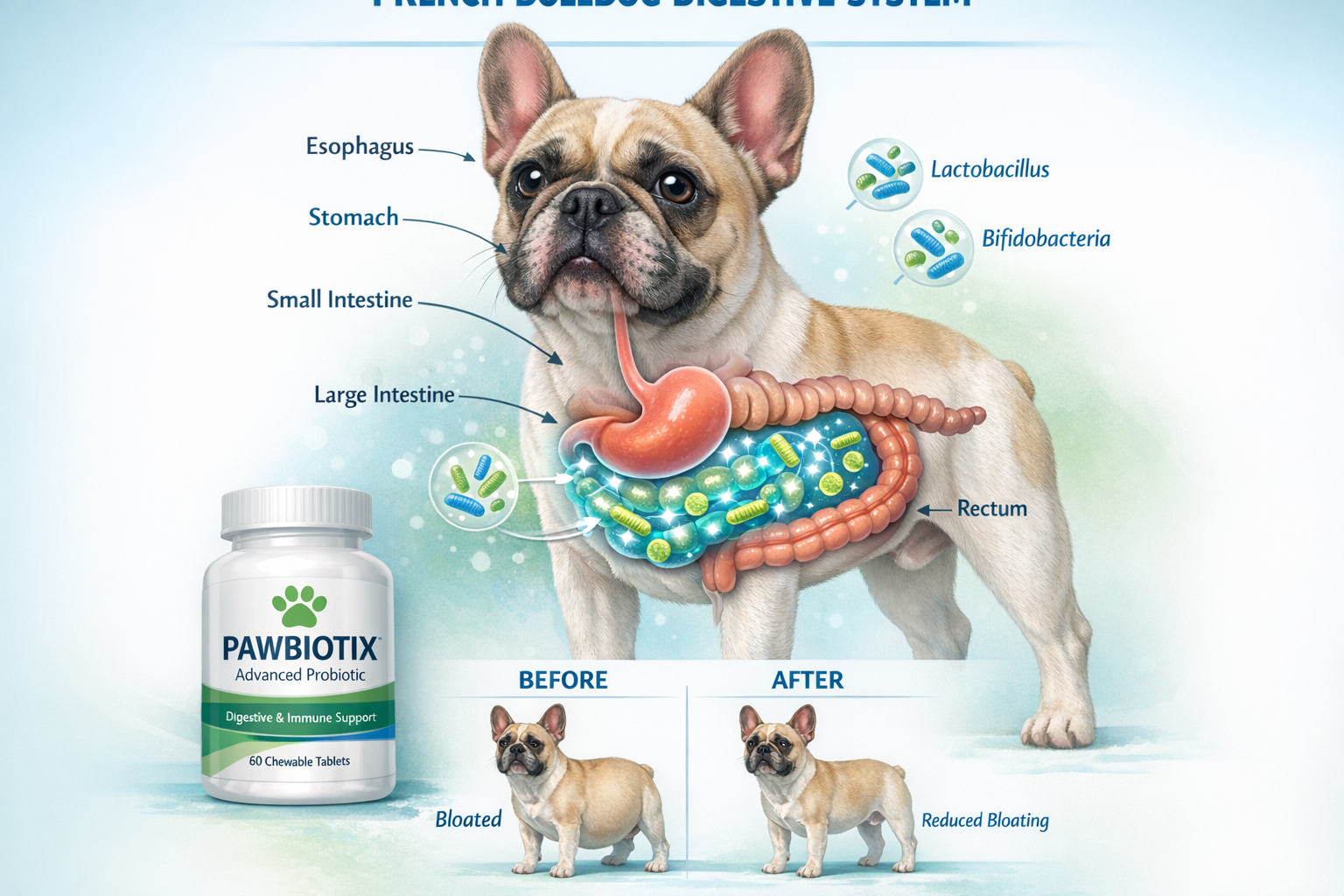 Portrait format (1024x1536) infographic showing French Bulldog digestive system with highlighted gut area, Pawbiotix bottle beside anatomica