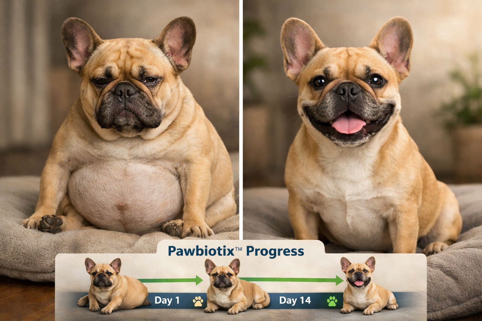 Portrait format (1024x1536) split-screen comparison showing bloated French Bulldog on left looking uncomfortable with distended belly, happy