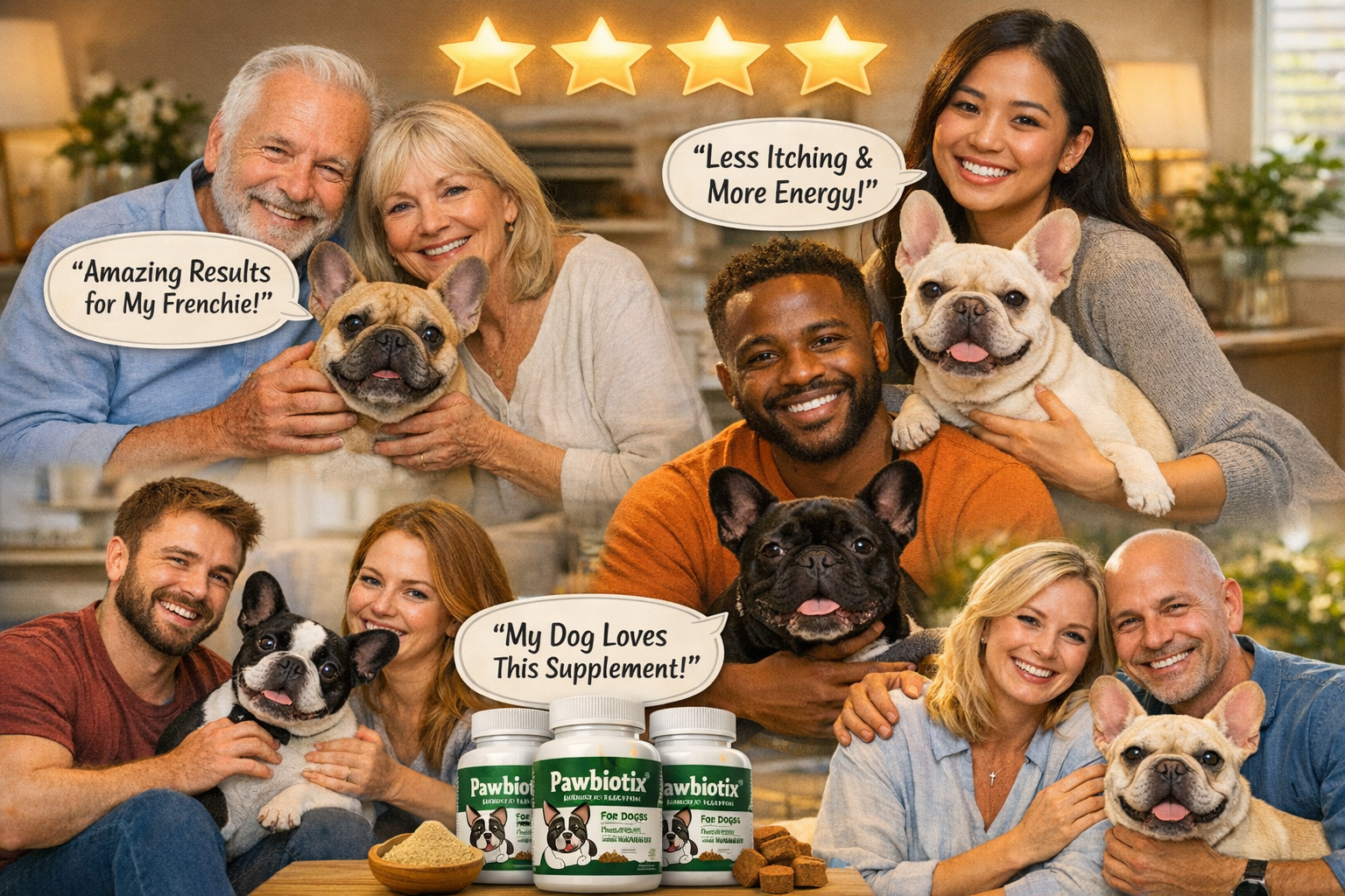 Portrait format (1024x1536) collage of happy French Bulldog owners with their pets, customer review stars floating above, Pawbiotix bottles 