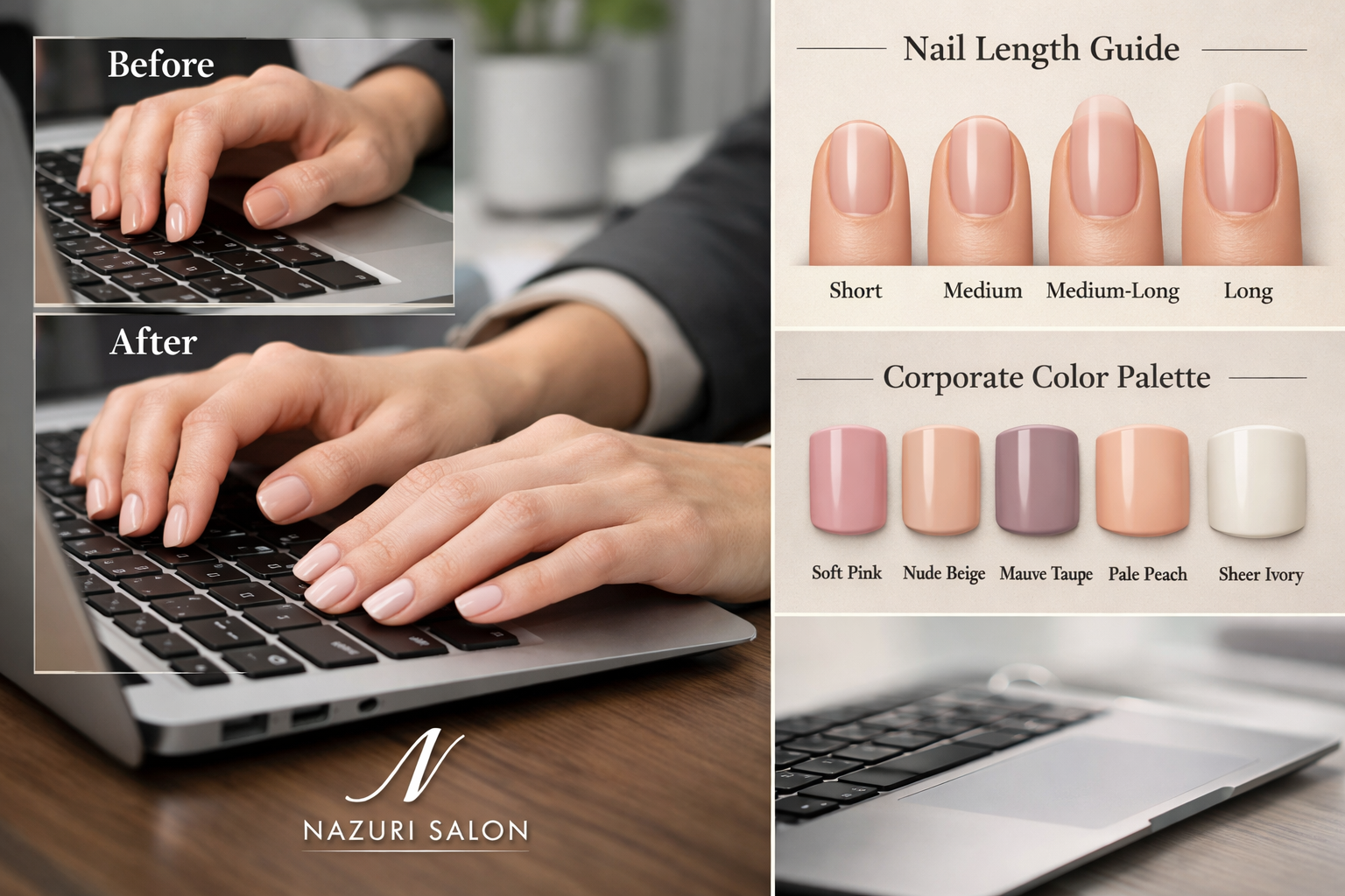 Detailed landscape format (1536x1024) image showing close-up of professional woman's hands with subtle nude gel manicure typing on laptop ke