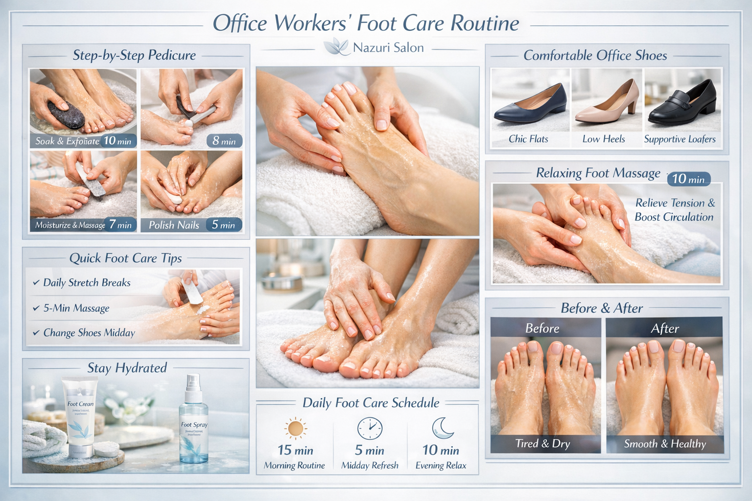 Comprehensive landscape format (1536x1024) visual guide featuring step-by-step foot care routine for office workers. Multiple panels showing