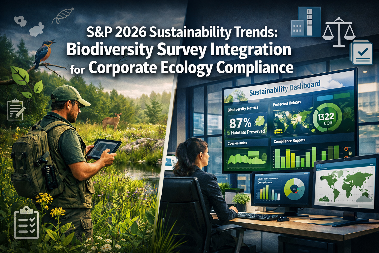 Professional () editorial hero image with 'S&P 2026 Sustainability Trends: Biodiversity Survey Integration for Corporate