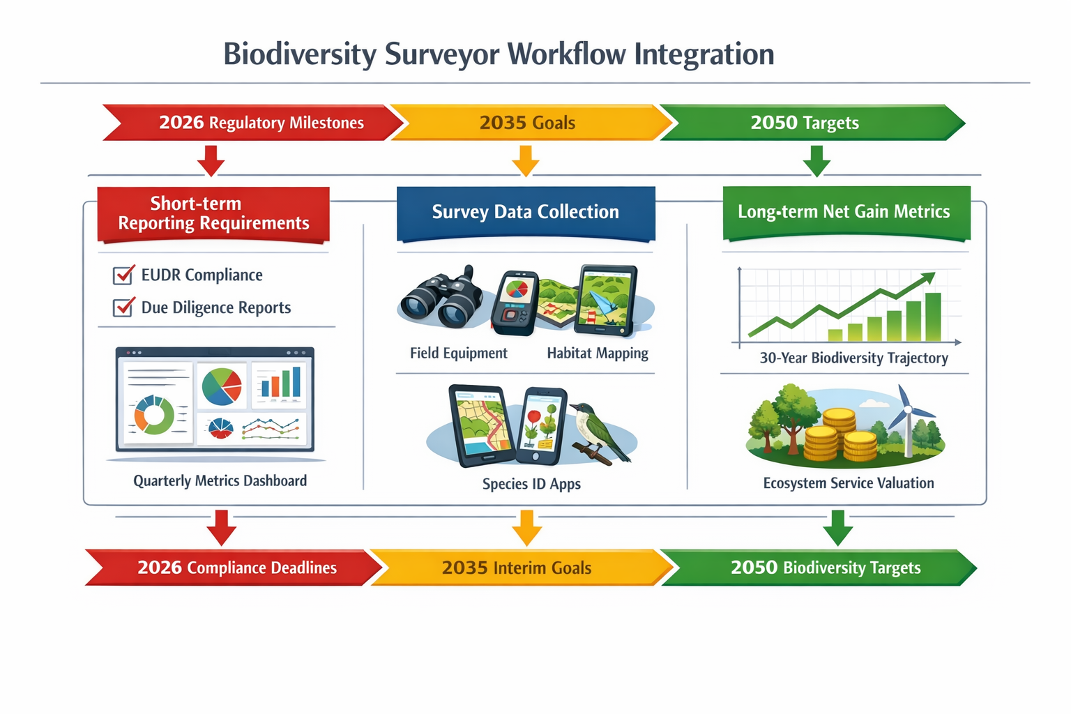 Detailed () infographic-style image showing workflow integration diagram for biodiversity surveyors. Central flowchart