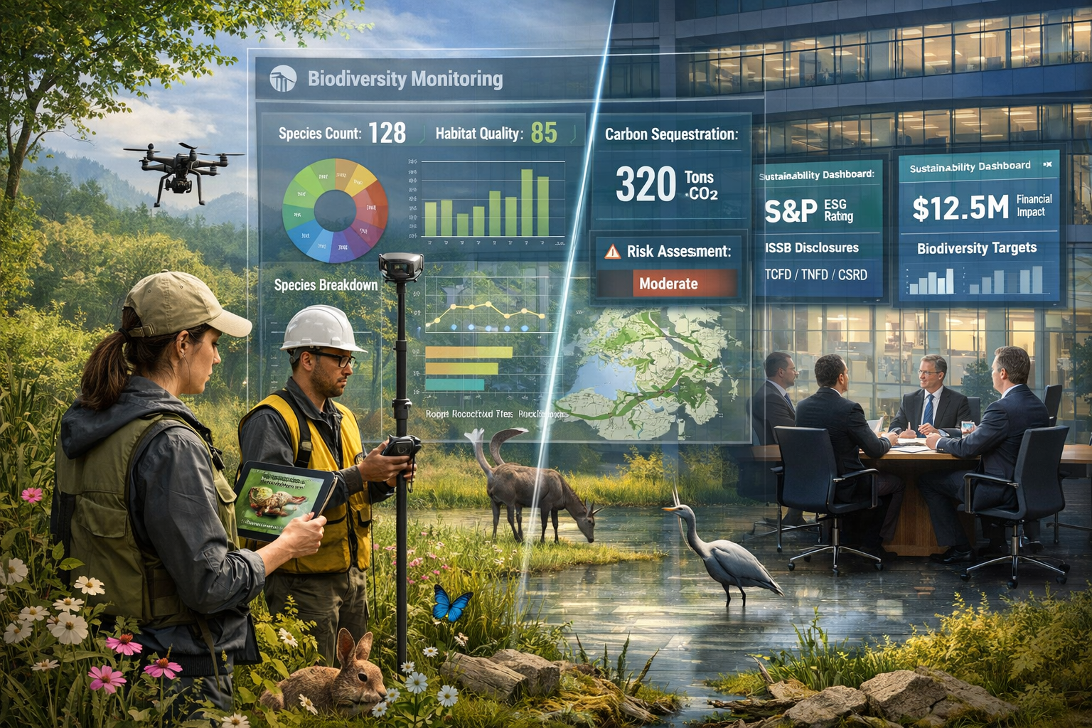 Detailed () conceptual illustration showing corporate biodiversity compliance ecosystem in 2026. Foreground features