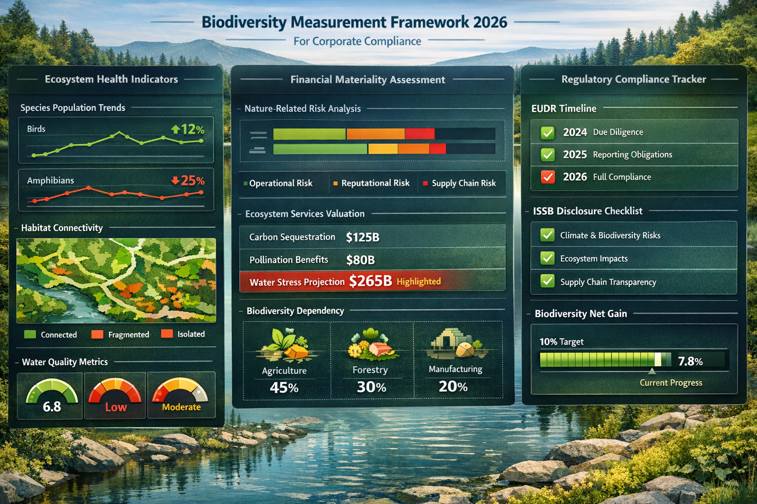 Detailed () data visualization dashboard showing comprehensive biodiversity measurement framework for 2026 corporate