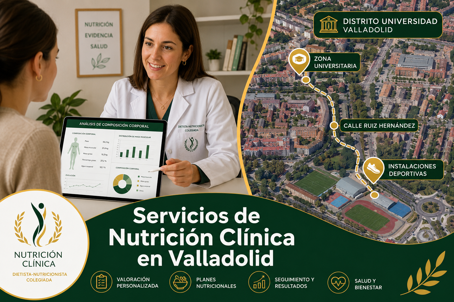 () editorial image showing a split-scene composition: left side displays a detailed nutrition consultation with a colegiada