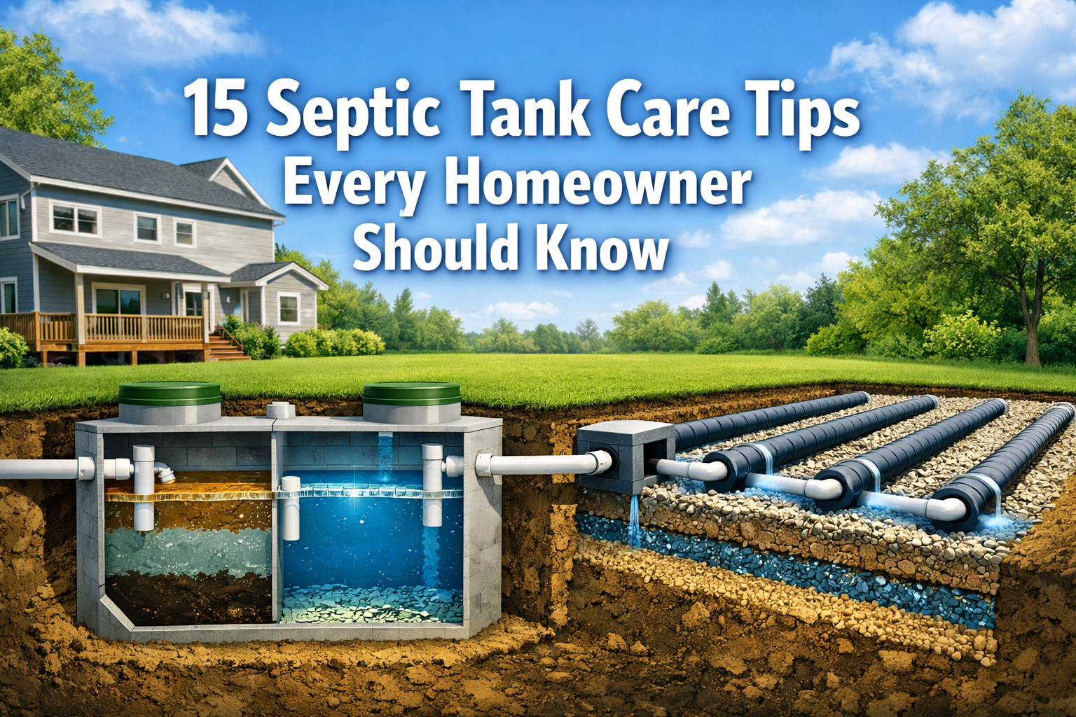 Professional () hero image with '15 Septic Tank Care Tips Every Homeowner Should Know' in extra large white with dark ,