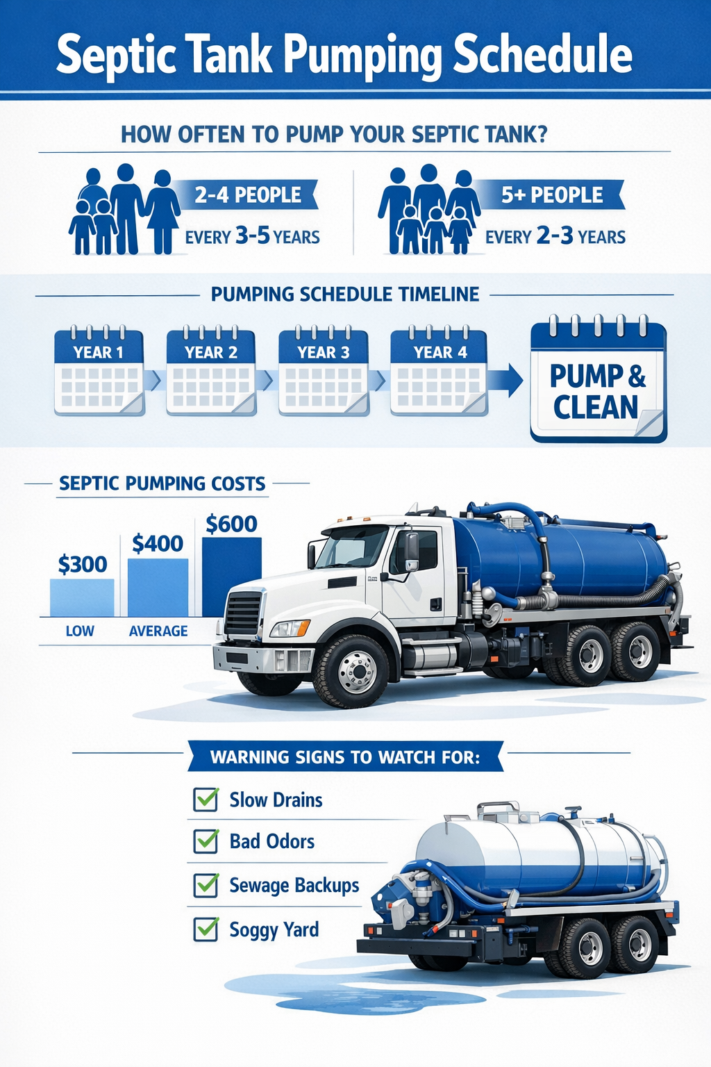 () detailed infographic showing septic tank pumping schedule timeline with calendar icons, household size indicators (2-4