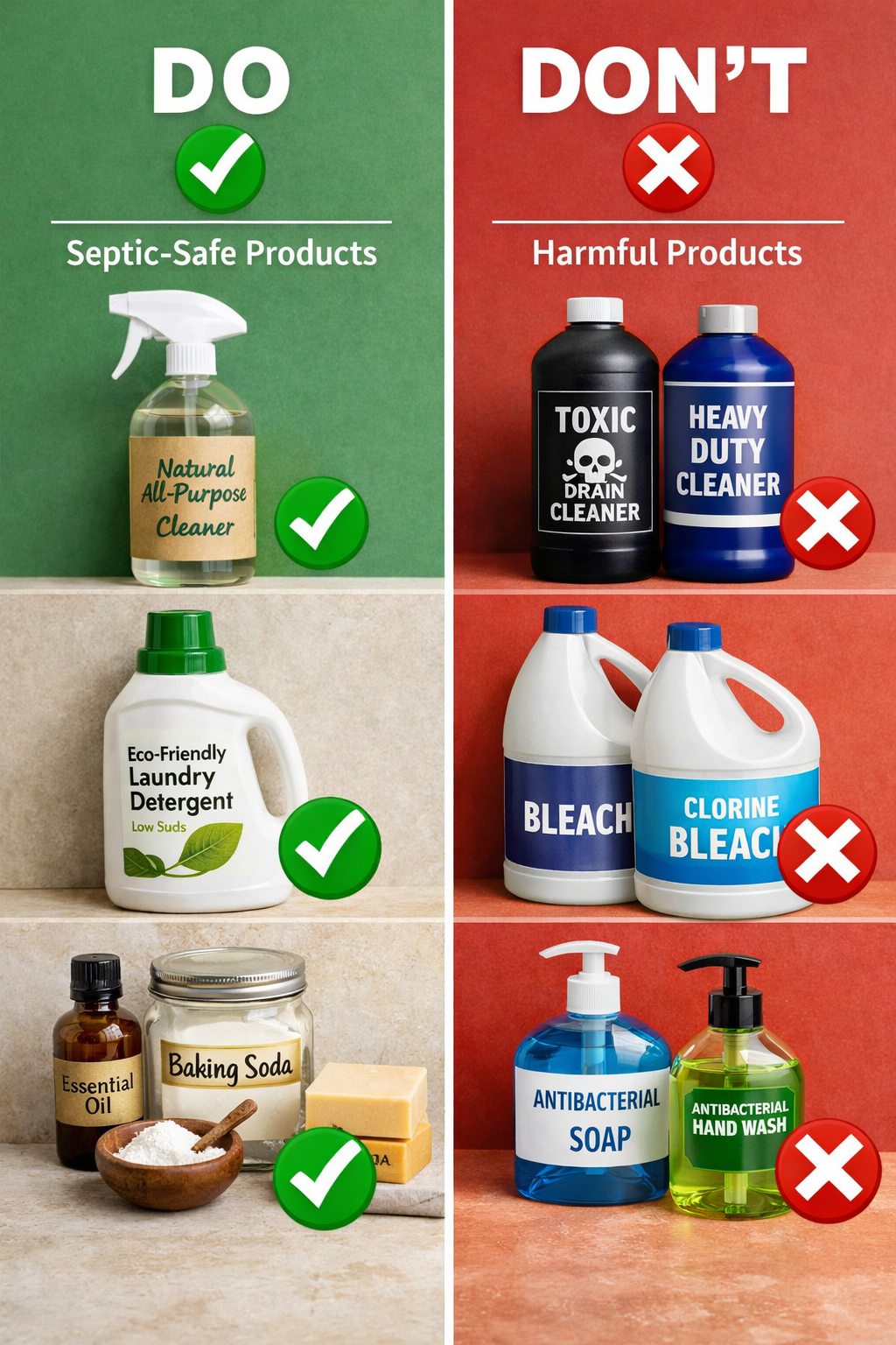 () split-screen comparison image showing 'DO vs DON'T' for septic-safe products. Left side displays eco-friendly