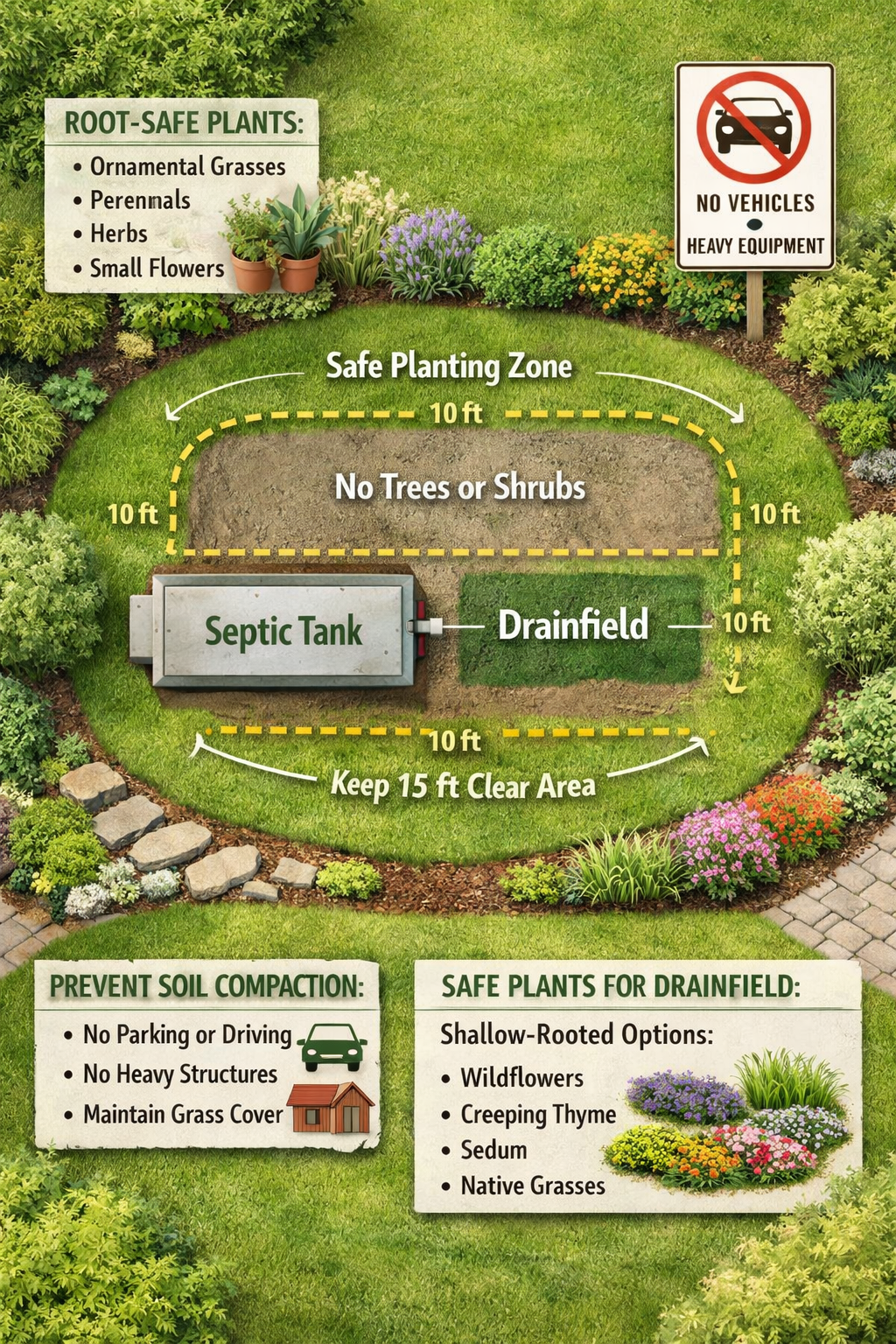 () detailed drain field protection diagram showing proper landscaping around septic system. Aerial view illustration with