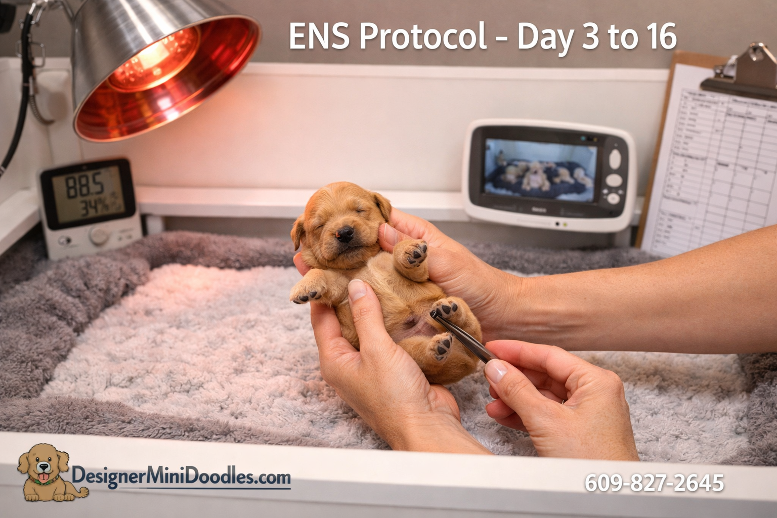 () image showing a professional whelping nursery setup with newborn goldendoodle puppies in a clean white whelping box with