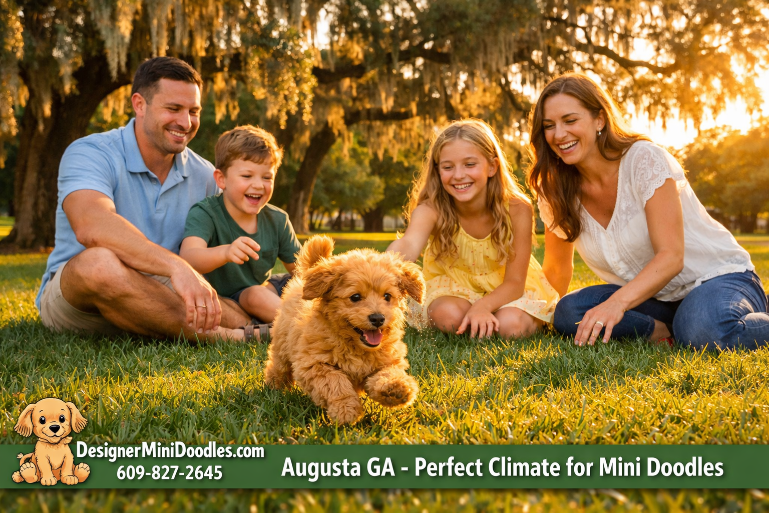 () image of a happy family in an Augusta Georgia park setting with Spanish moss trees, playing with a small apricot-colored
