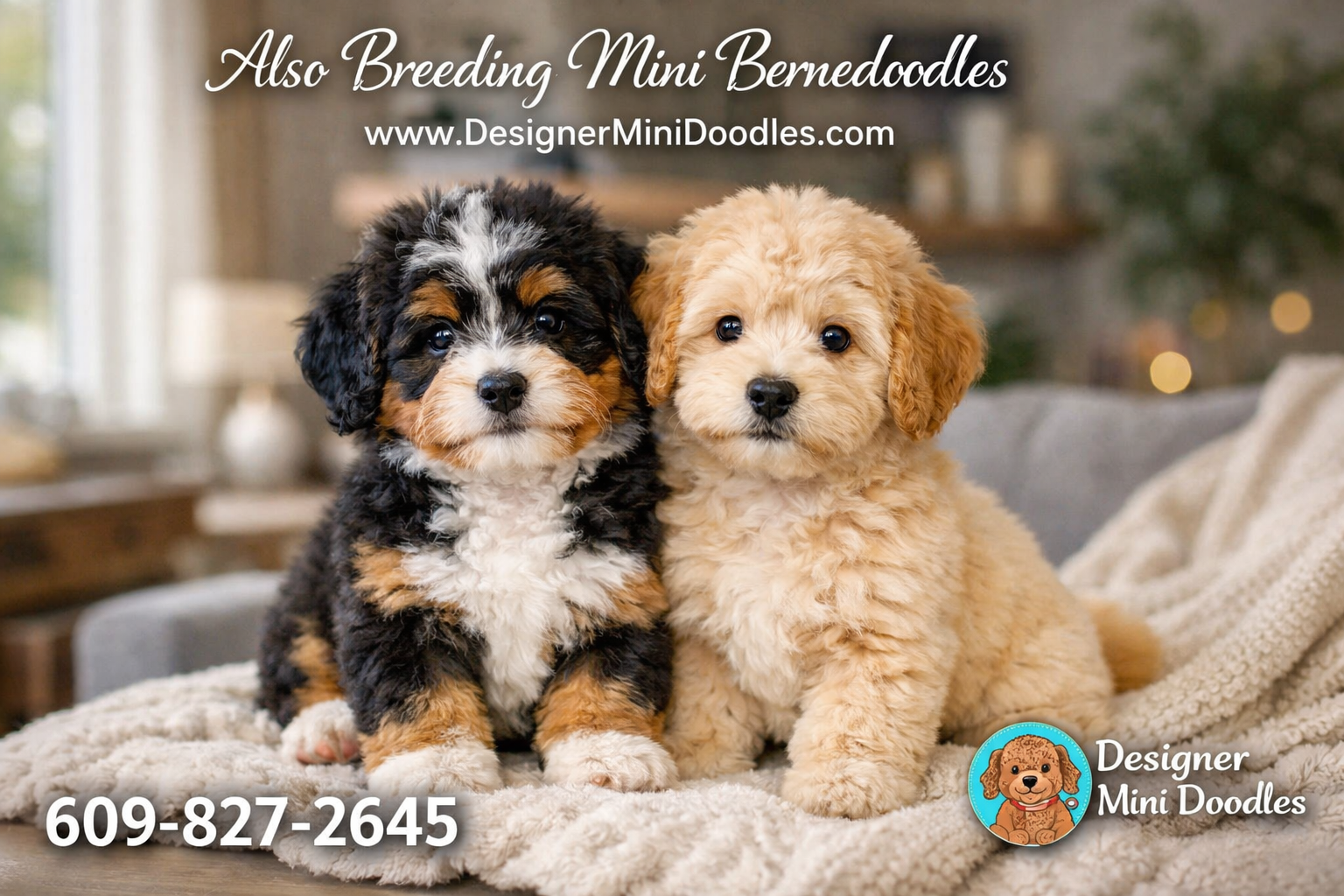 () image showing a mini bernedoodle puppy and a mini goldendoodle puppy sitting together on a cozy indoor setting with a