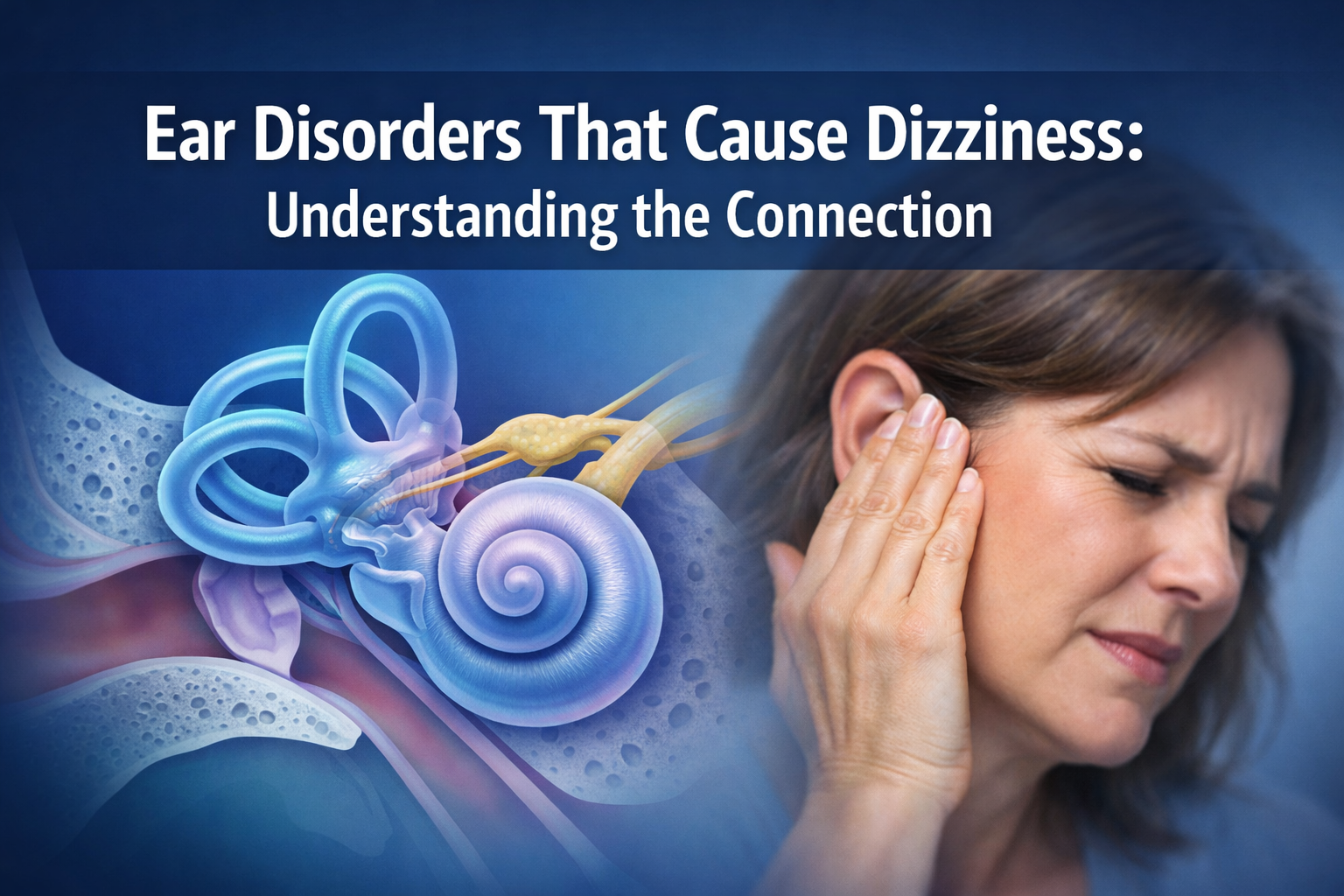 Professional landscape hero image (1536x1024) featuring bold text overlay 'Ear Disorders That Cause Dizziness: Understanding the Connection'