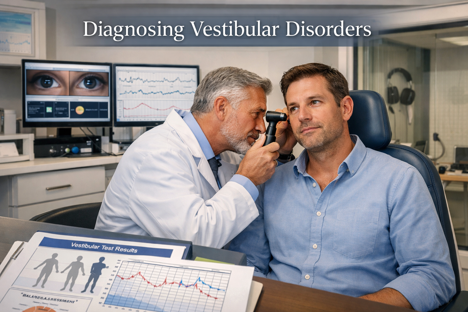 Professional medical consultation scene in landscape format (1536x1024) showing ENT specialist examining patient's ear with otoscope in mode