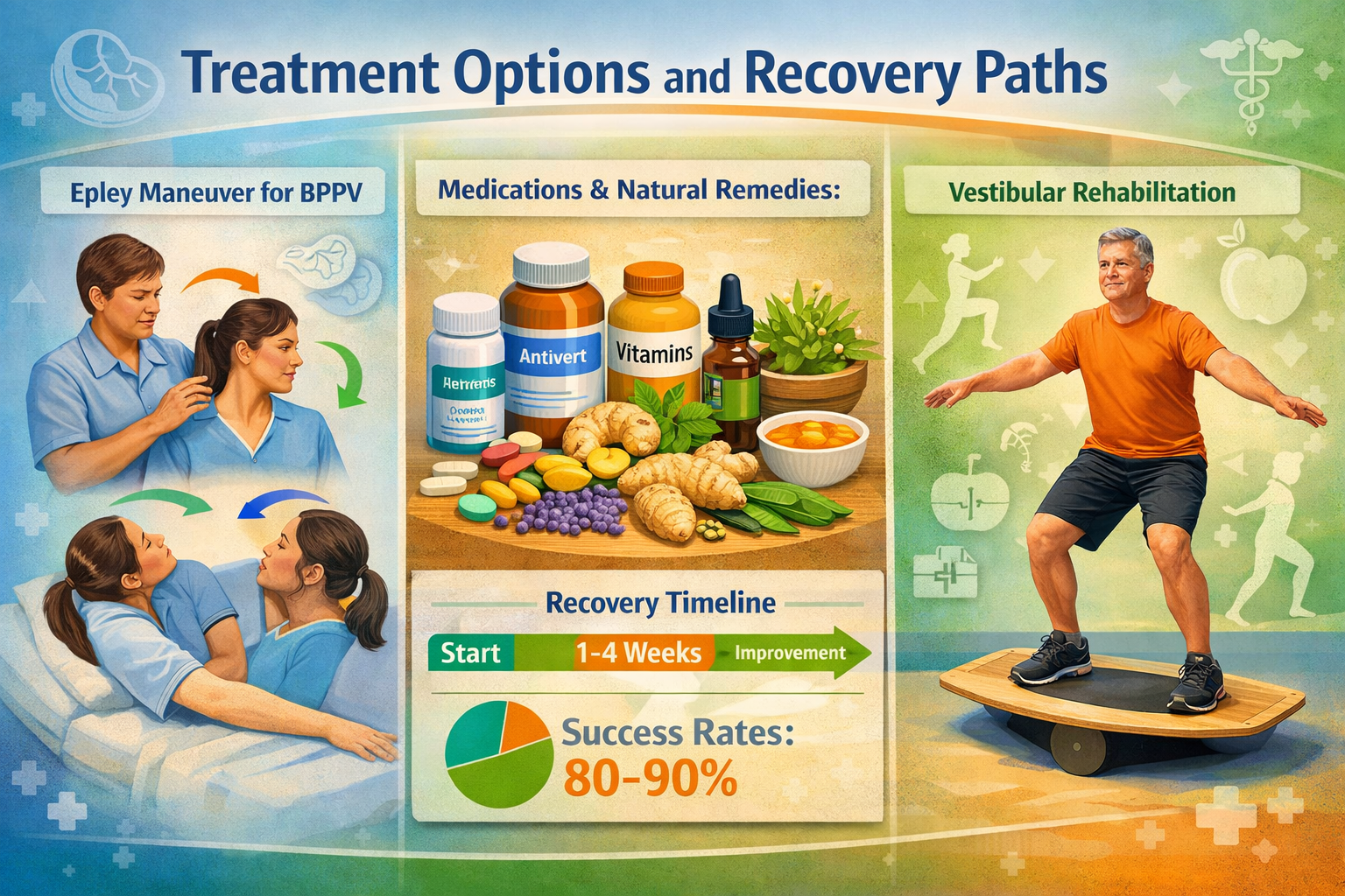 Comprehensive treatment and recovery visualization in landscape format (1536x1024) featuring split-panel design. Left panel shows physical t