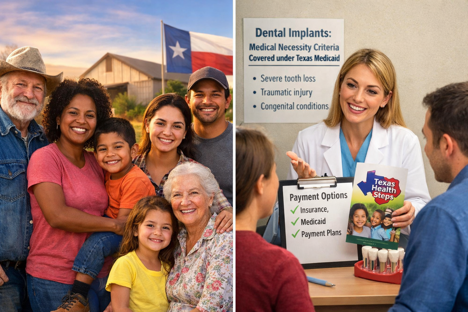 Detailed () image presenting a dual visual: one side showing a diverse group of Texans, including low-income individuals and