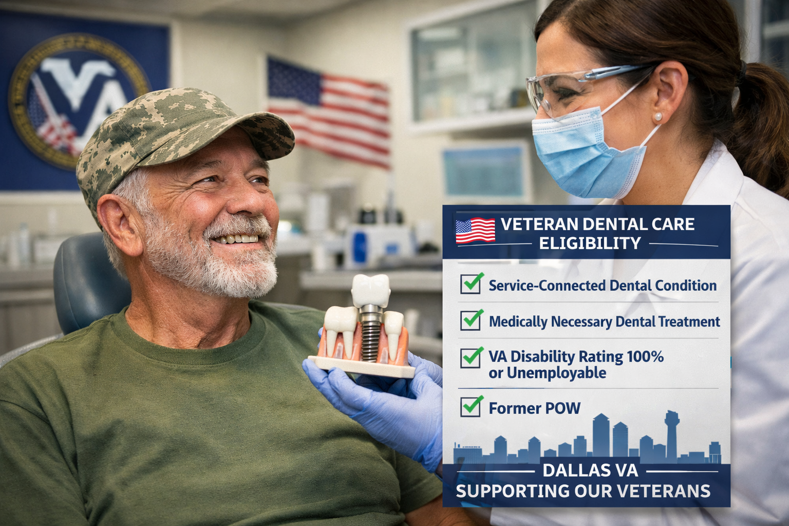Detailed () image featuring a veteran interacting with a dental care provider, possibly with a subtle VA logo or medical