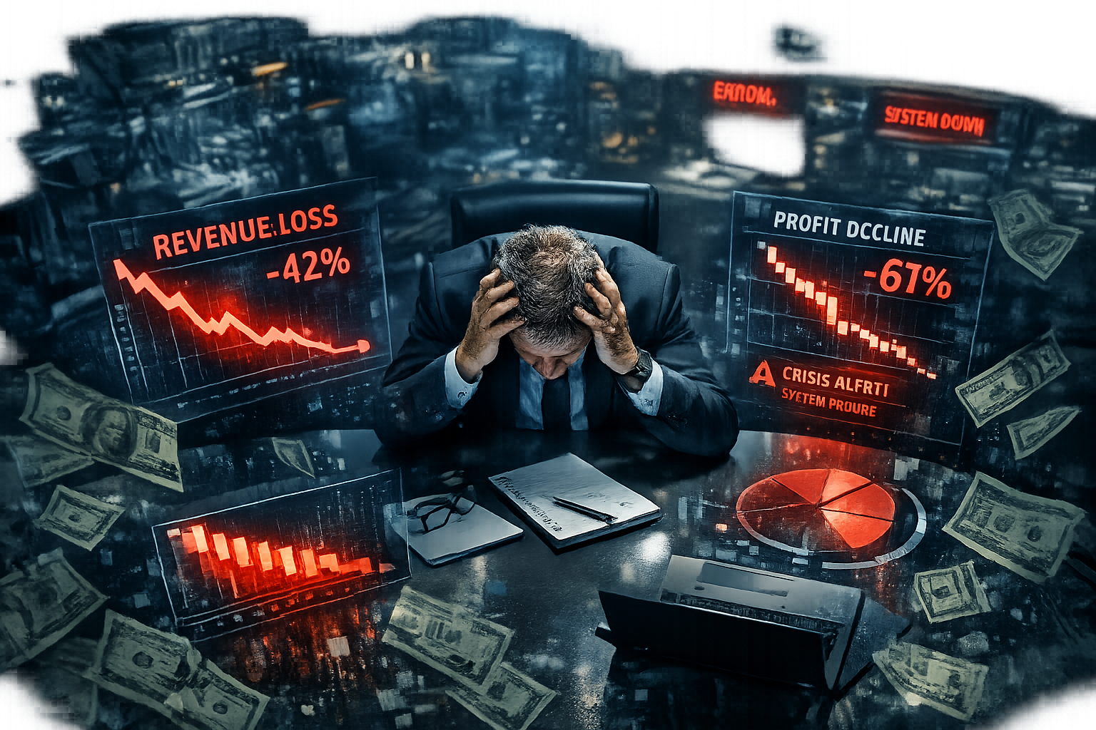 Manufacturing leadership stress visualization: Overhead view of a CEO/plant manager looking exhausted at a conference table, surrounded by h
