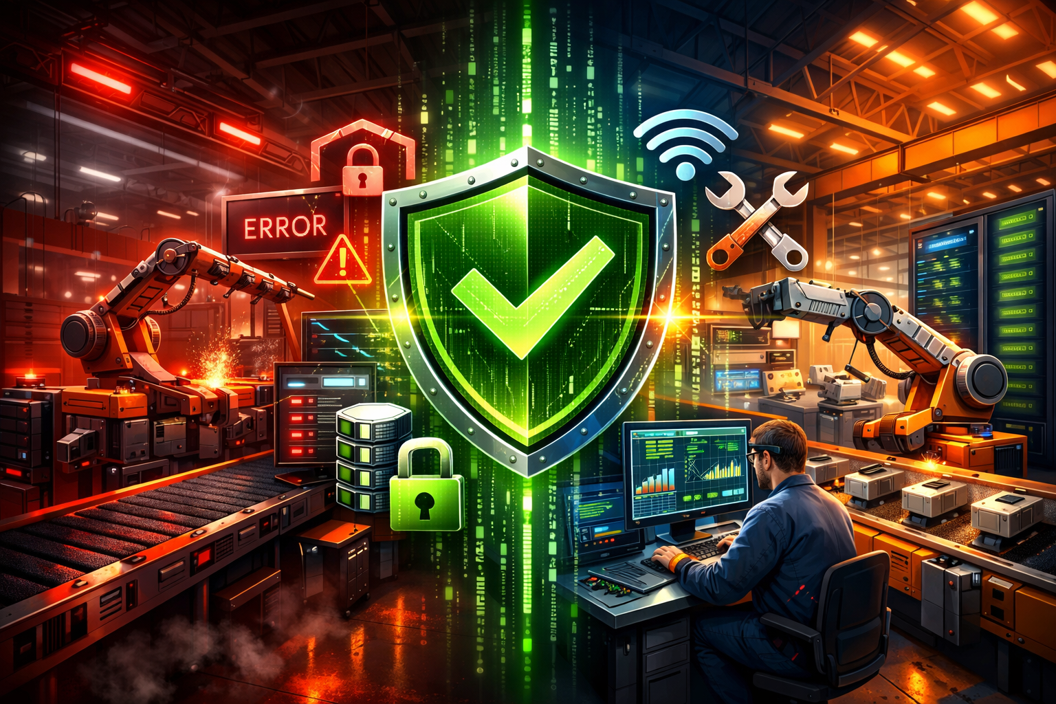 Urgent IT support intervention graphic: Dynamic split-screen composition showing a malfunctioning production line on one side (machinery sto